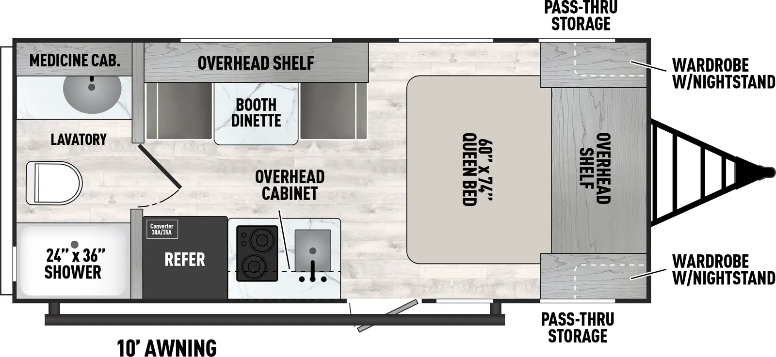 The Viking Travel Trailers 17FQ floorplan has one entry and zero slide outs. Exterior features include: metal exterior and 10' awning. Interiors features include: front bedroom and rear bathroom.